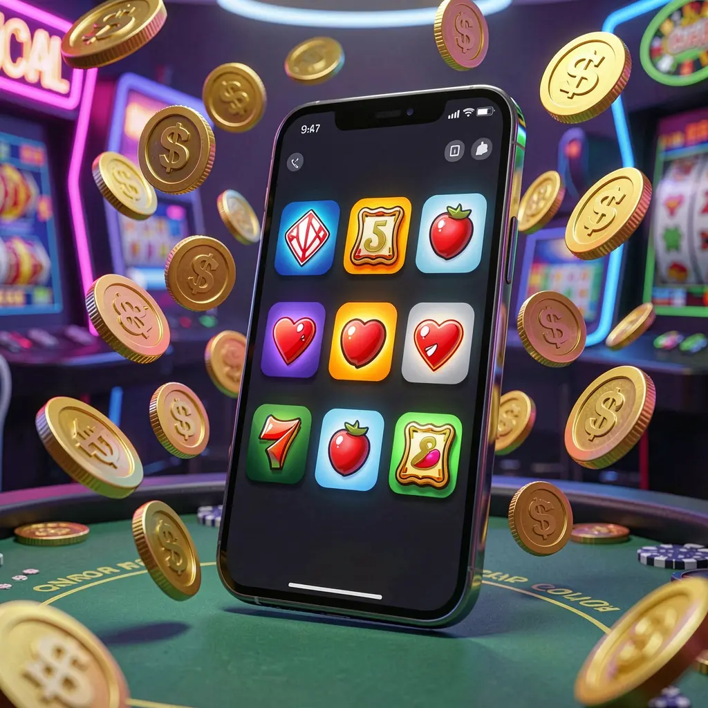 TQQQ Android casino app concept displayed on a modern phone with app icons, surrounded by golden coins and slot symbols floating in a neon casino atmosphere, realistic 3D render