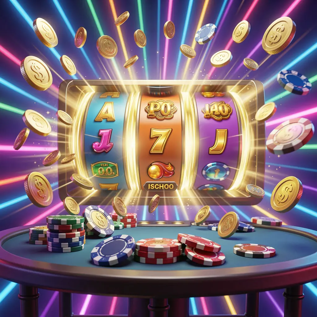 TQQQ free spins bonus concept showing colorful slot machine reels spinning with golden light effects, coins flying around, jackpot symbols, and casino chips on a vibrant neon background