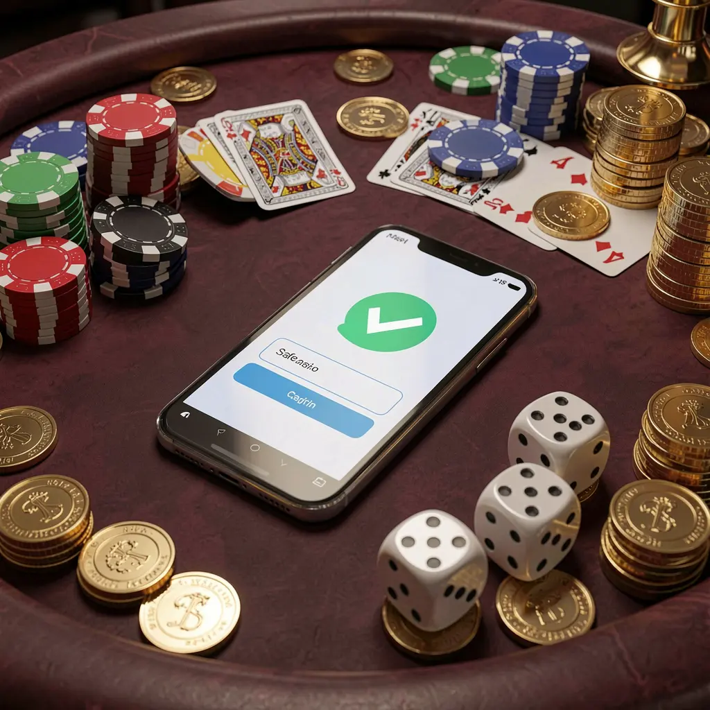 TQQQ safe casino login concept showing a smartphone with a verification checkmark icon surrounded by poker chips, playing cards, dice, and golden coins on an elegant luxury casino table in a 3D realistic render