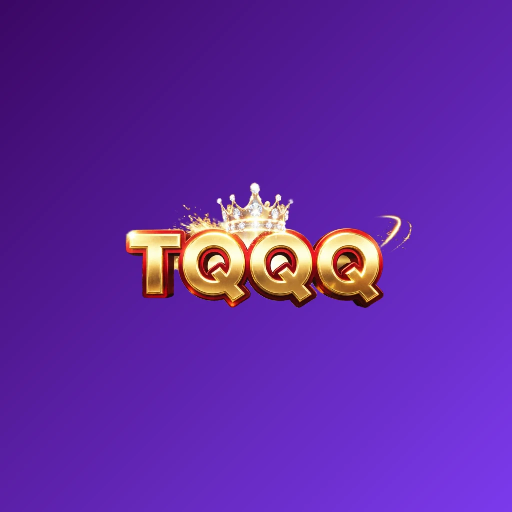 Dynamic casino-style horizontal rectangular wordmark logo for TQQQ with massive bold gold and crimson lettering, glowing crown, and sparkling light effects on a transparent background