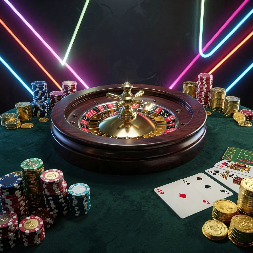 TQQQ online casino homepage hero banner featuring a luxury casino table with a roulette wheel, poker chips, playing cards, and golden coins against a dark premium background with neon glow in a cinematic 3D render